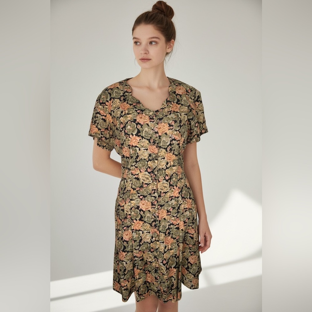 Vintage La Belle Made in USA earthy black and pink Floral buttoned Mini Dress